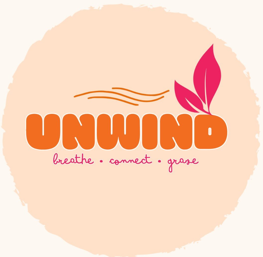 UNWIND logo with bright orange lettering, pink leaves and the words breathe, connect, graze