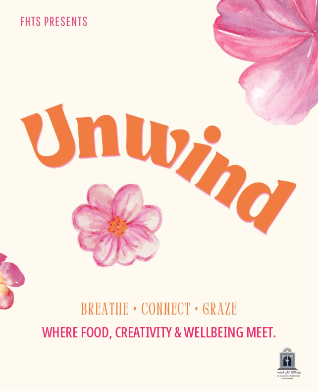 UNWIND promotional artwork with hand-painted pink flowers and orange typography